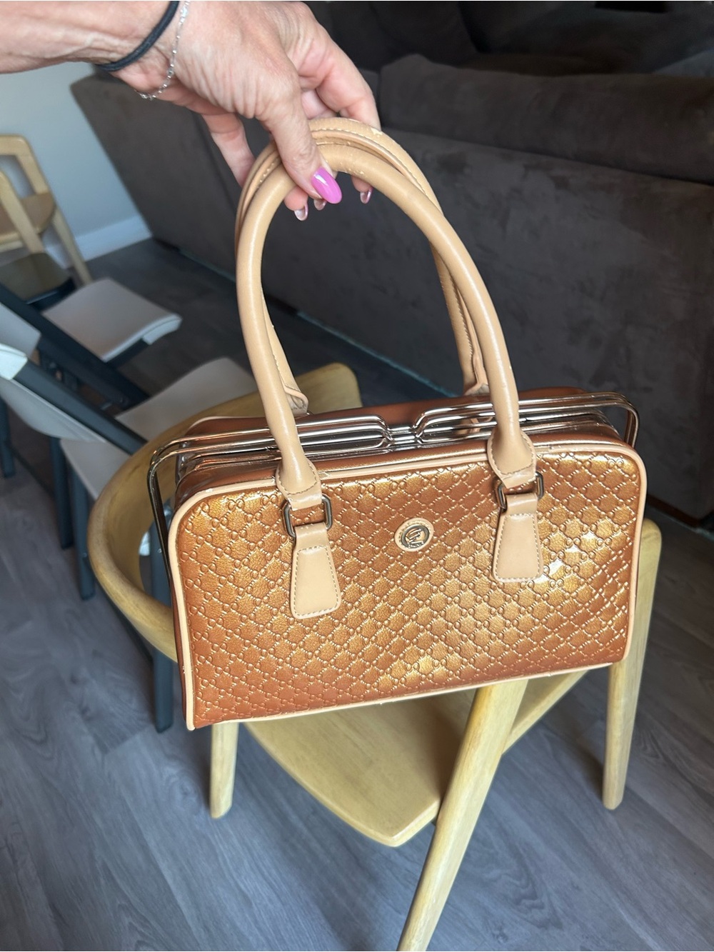 Metallic Quilted Tan Satchel Handbag with Top Handles